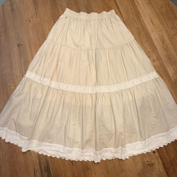 Boho Prairie Maxi Skirt XL Cream Tiered Lace Detail Cottagecore Boho Cotton - Picture 2 of 9